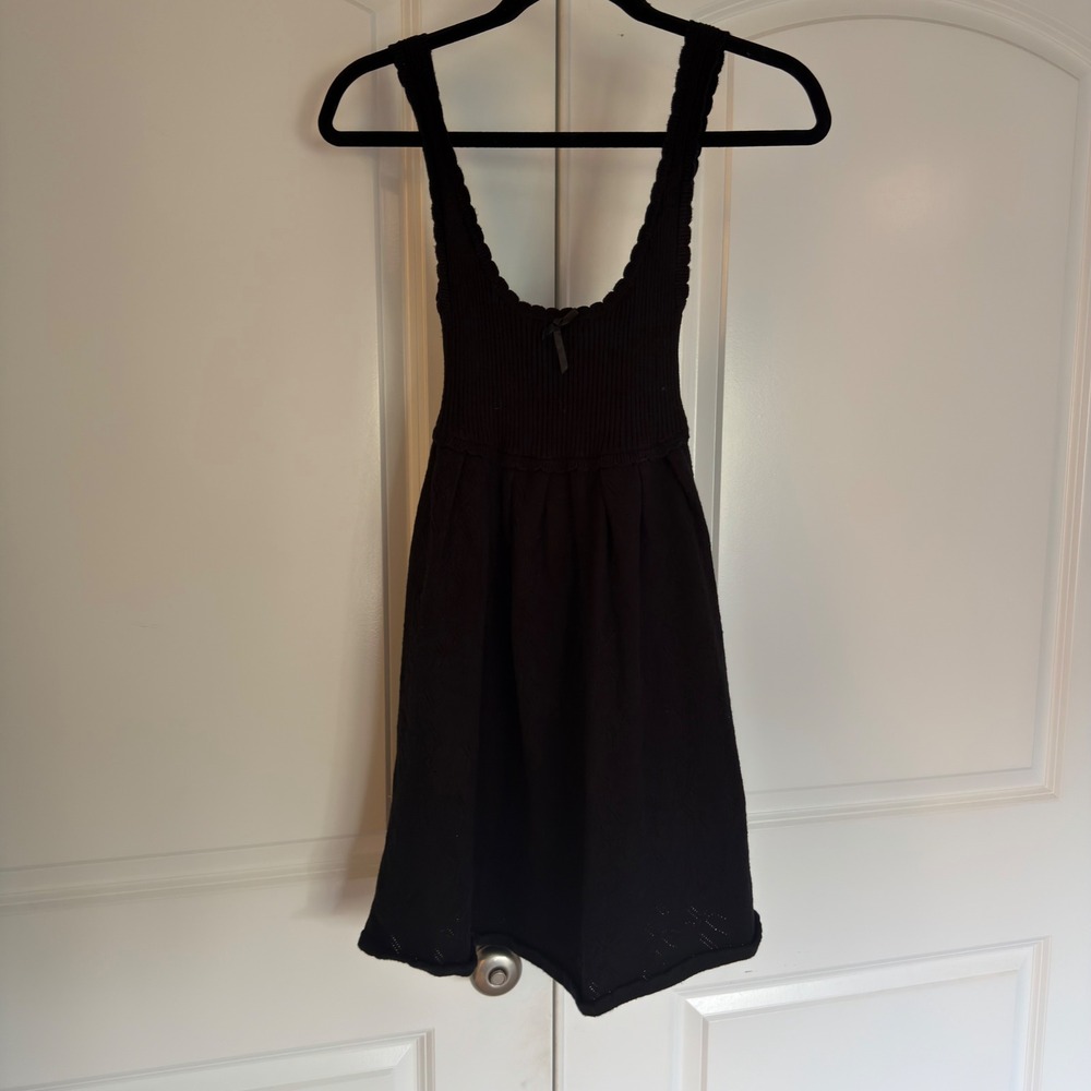 For Love & Lemons Black Knit Pointelle Mini Dress Scallop Trim Bow Accent Small